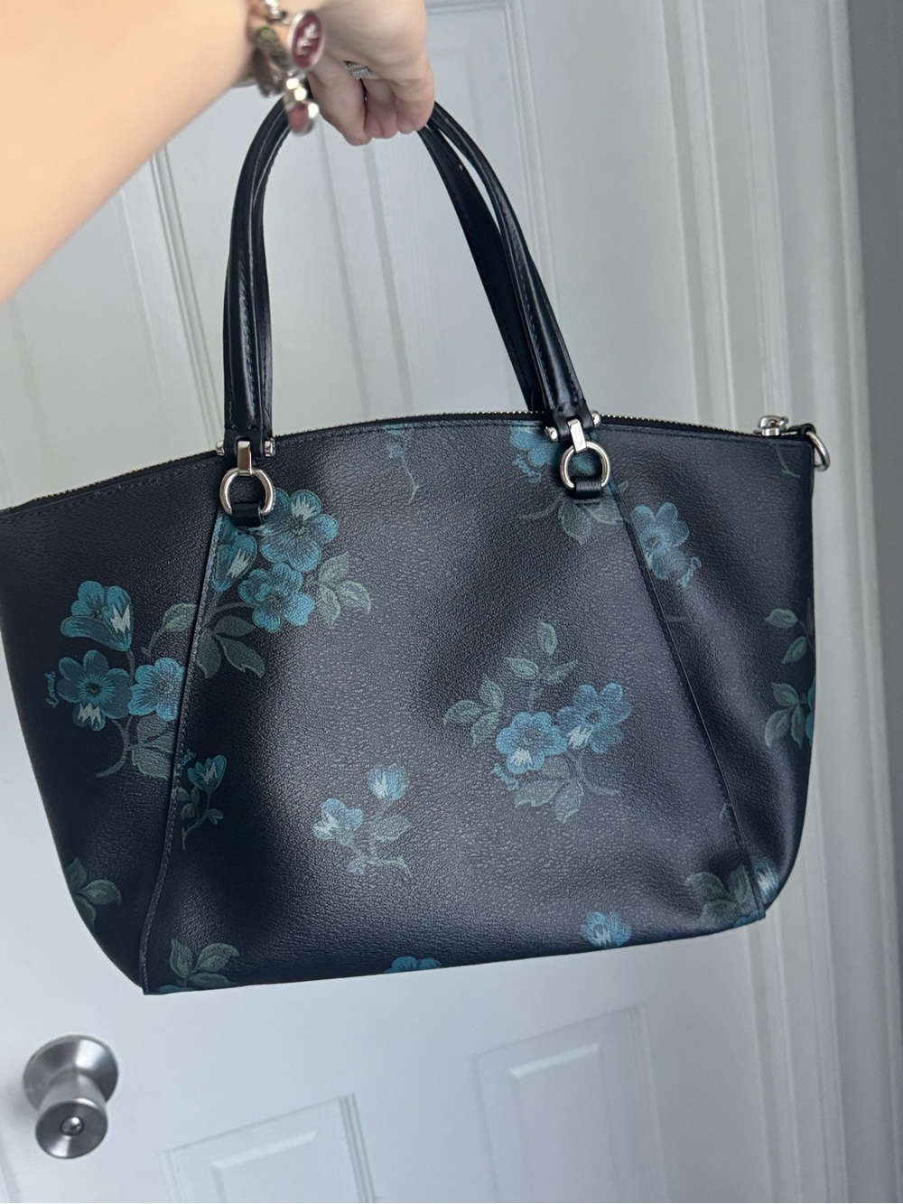 Coach Black Floral Zip-Top Tote with Teal Blue Accents - Picture 2 of 8